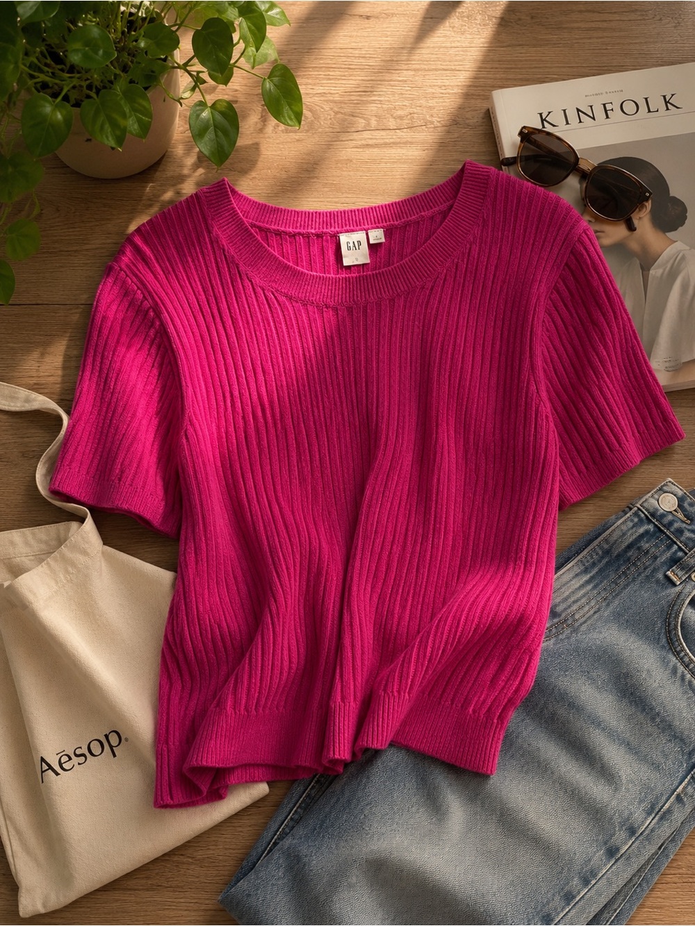 NWT GAP Ribbed Crewneck Short Sleeve Top - Bright Pink